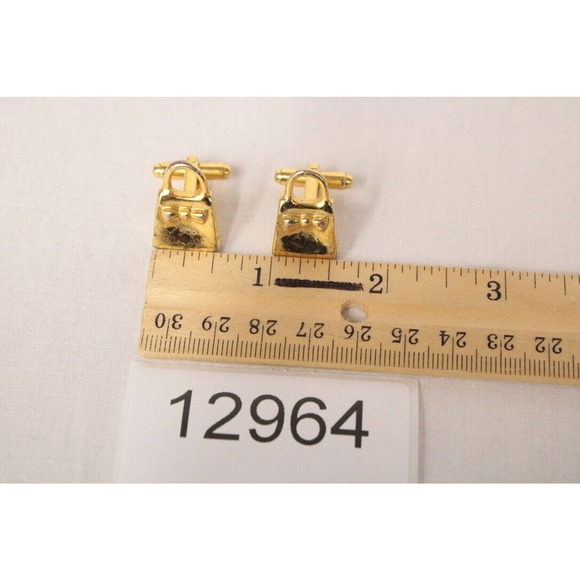 Vintage Cufflinks Gold Tone Novelty Purse Shape Ladies' Handbag Bullet Back - Picture 6 of 6